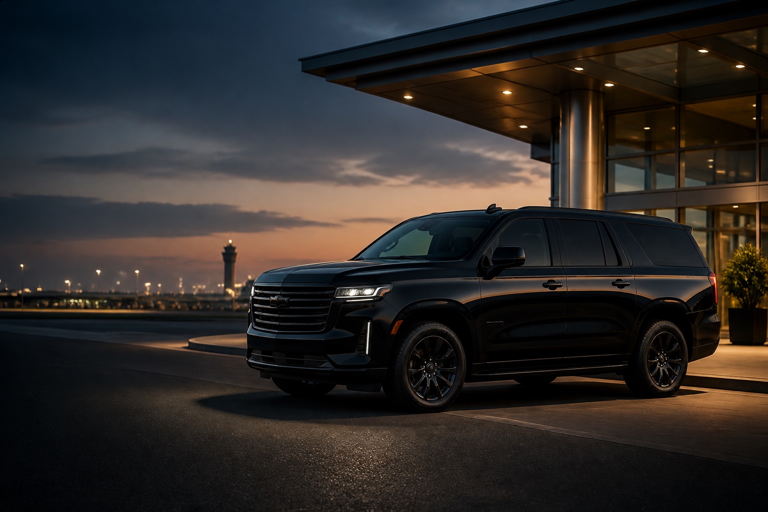 Black Chevrolet Suburban SUV at an airport curb